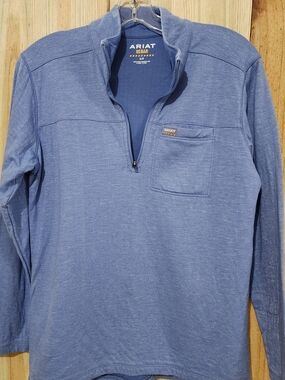 ARIAT Rebar Quarter Zip Pullover - Blue No Pocket But Front Left.
